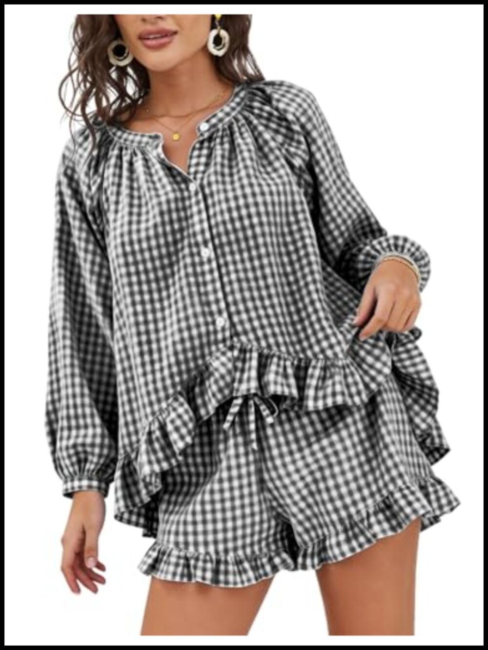 Women's Cotton Gingham Pajama Set Puff Sleeve Button Down Ruffle Hem Shorts